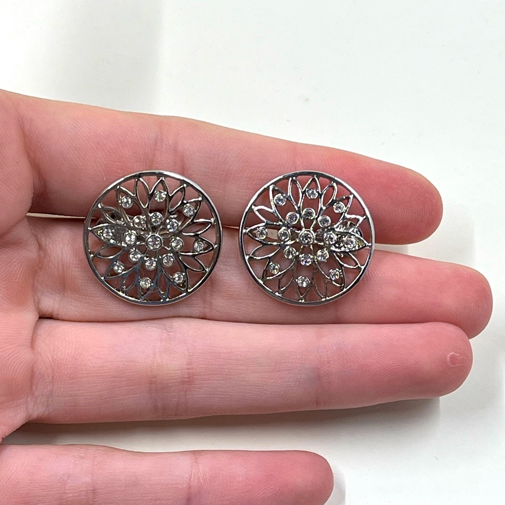 Monet Stamped Silver Geometric Design Clip on Earrings